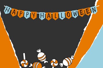 Trick or Treatn background. Flag garland with Hand drawn Happy Halloween lettering and candies. Blue orange black abstract flat vector Illustration for Festive frame, border, party poster, banner