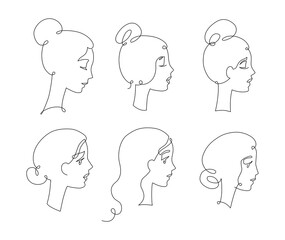 Set of romantic line art woman portraits. Different hairstyle. Silhouette logo for beauty salon.