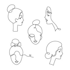 Set of line art woman portraits, romantic simple portrait. Beautiful face logo 