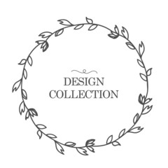 Flower wreath with leaves and branches. Round frame isolated on a white background. For wedding invitations, postcards, posters, labels of cosmetics and perfumes. Vector illustration