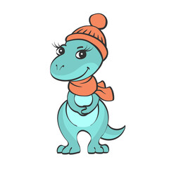 Little dinosaur girl in winter clothes. Children toy, cute character. Vector cartoon isolated illustration