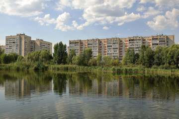 Fototapeta na wymiar Residential area near the park and Lake Kharovoe. Kazan, Republic of Tatarstan, Russia.