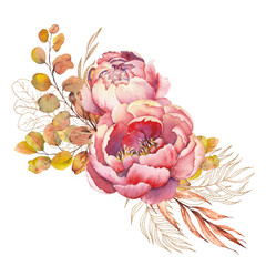 Floral bouquet with peony and eucalyptus. Watercolor and gold line hand drawn illustration isolated on white background.