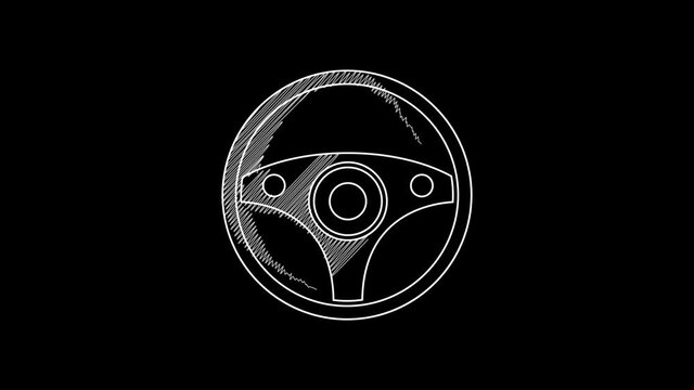 White line Steering wheel icon isolated on black background. Car wheel icon. 4K Video motion graphic animation