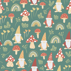 Gnomes pattern repeat with mushrooms and rainbows in a seamless green background. Vector illustration. Fall kids projects, autumn designs and home decor projects. Surface pattern design.