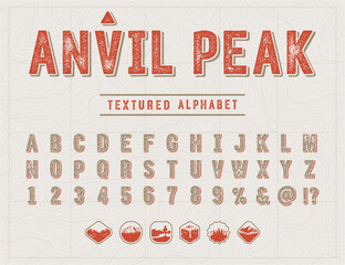 Rust handcrafted typeface. Vintage patches elements and stylized font. 