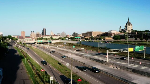 Aerial View Elevating up Over Downtown St. Paul Minnesota 