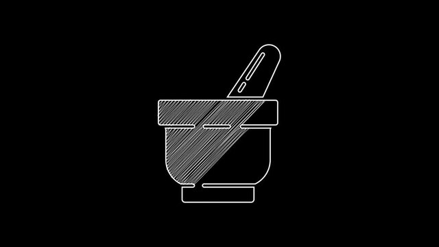 White line Mortar and pestle icon isolated on black background. 4K Video motion graphic animation