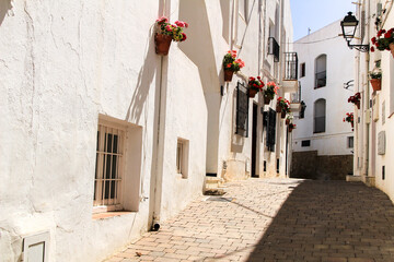 Narrow street with whitewashed facades in Mojacar