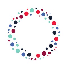 Colorful geometric circle frame - wreath. Abstract vector background with colorful circle shapes consisting of spherical geometric particles. Circle dot frames colorful dot halftone.