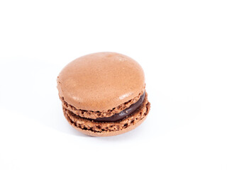 Sweet chocolate macarons isolated on white background.