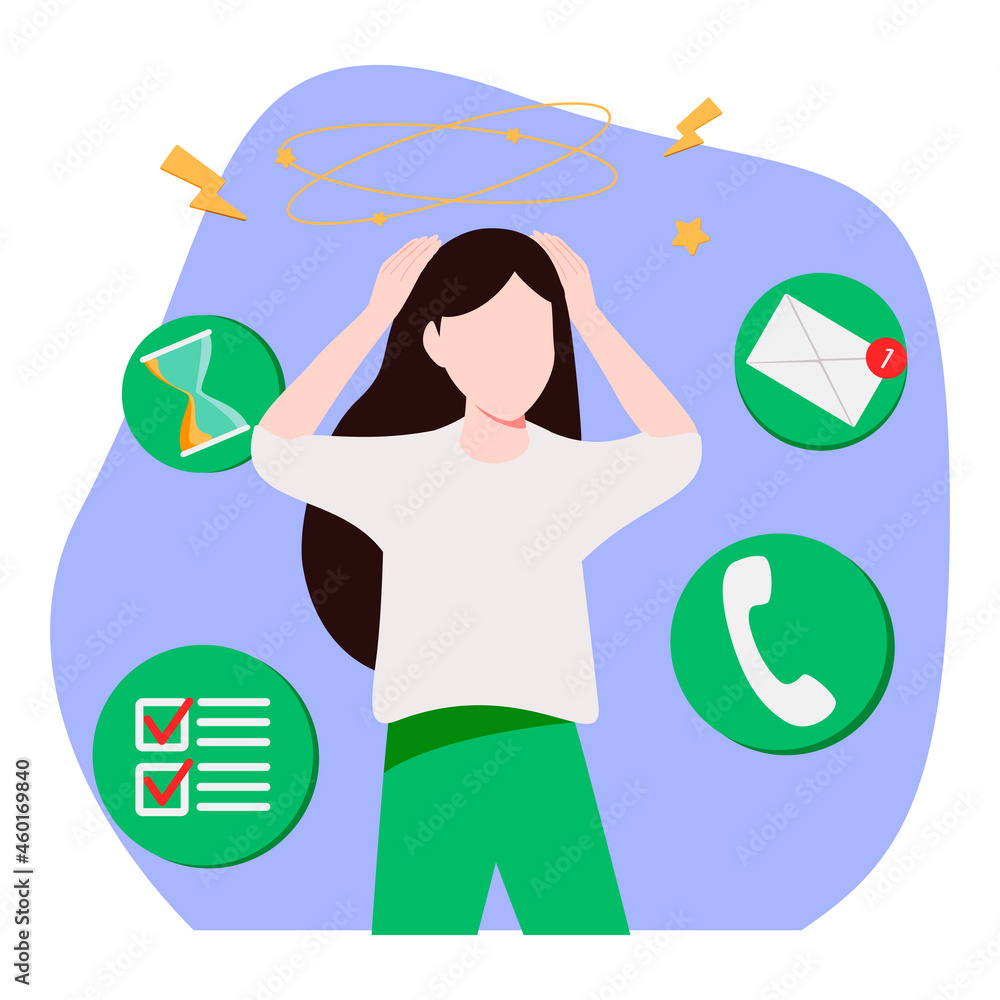 Poster office worker or clerk stressed out because of workflow cycle. concept of daily task routine, effect