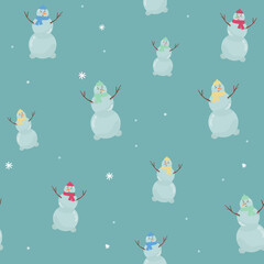 Christmas seamless pattern with snowman, and snowflakes. flat , vector, Perfect for wallpaper, wrapping paper, pattern fills, winter greetings, web page background, Christmas New Year greeting cards