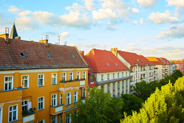 View of the low rooftops of the old houses of the European city