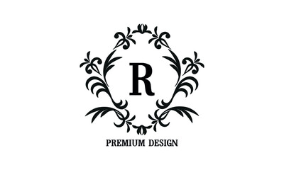 Exquisite company brand sign with letter R. Black and white logo for cafe, bar, restaurant, invitation, wedding. Business style
