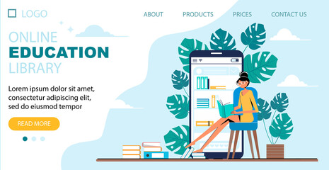 Online education library - landing page. Woman reads a book on the background of a smartphone. Online library of books. Vector illustration in flat style.