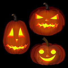 Glowing carved pumpkins for Halloween. Orange pumpkin for banners, flyers, posters, cards. Lantern pumpkin. October. Vector illustration isolated on dark background
