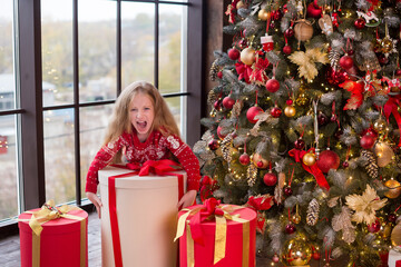 A little beautiful girl with long blond hair in a red New Year's sweater holds a huge box near the Christmas tree - the biggest gift and she will not give it to anyone. New Year. Merry Christmas.