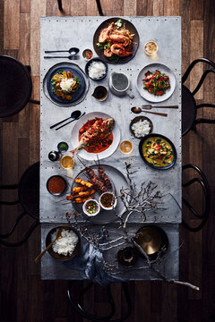 Table with authentic Thai menu dishes
