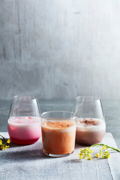 Studio shot of colorful cocktails, Chanom, Thai milk tea
