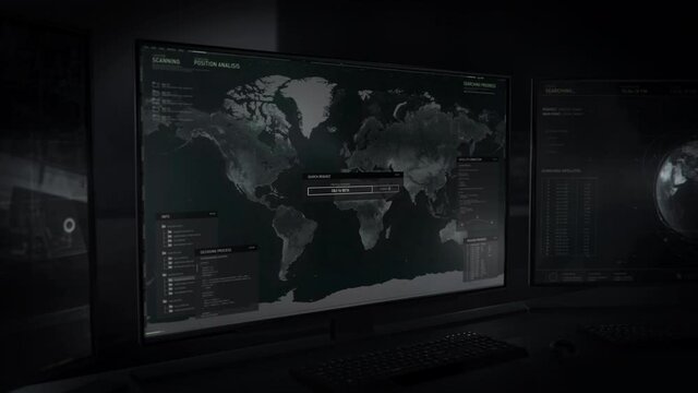 Inside a Military Bunker. Preparing for the Next Operation. Two Computer Screens. Planning the Attack. Selecting the Least Protected Bases Around the World. Analyzing Caracas, Venezuela.User interface