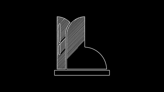 White line Waterproof rubber boot icon isolated on black background. Gumboots for rainy weather, fishing, gardening. 4K Video motion graphic animation