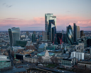 UK, London, Aerial view of The City skyscrapers at dawn