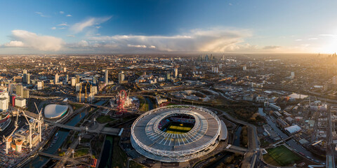 UK, London, Aerial view The Olympic Stadium at sunset