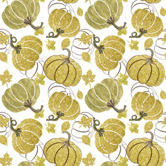 Autumn pumpkins background, Gold glittered pumpkins texture, Floral Festive wallpaper on white background, Botanical illustration for textile, background, design, wrapping