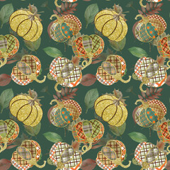 Autumn pumpkins background, Gold glittered pumpkins texture, Plaid traditional pumpkins, Floral Festive wallpaper, Botanical illustration for textile, background, design, wrapping