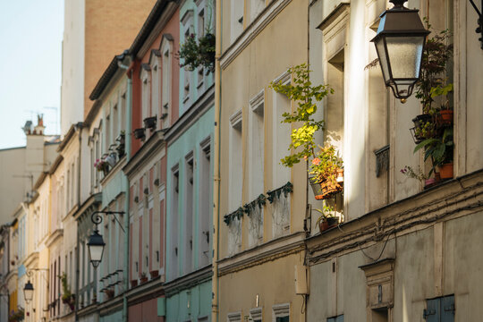 France, Paris, Facades of old townhouses at Rue Cramieux