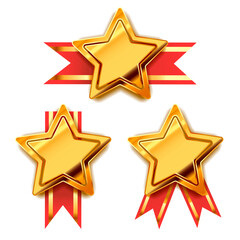 Set of bright golden awards in star shape with red tape, glossy winner badges on white