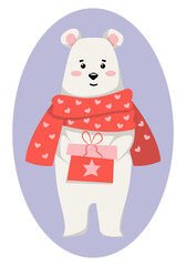 Cute polar bear in a red scarf and a gift in hand