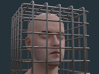 human head in a steel cage 