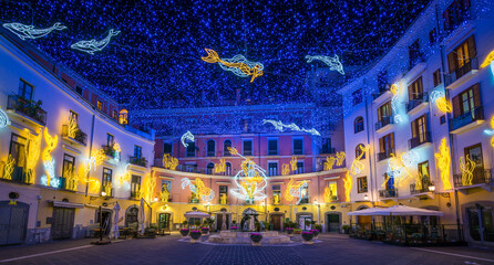 Beautiful Christmas lights in Salerno, Campania, Italy. - obrazy, fototapety, plakaty