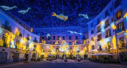 Tuinposter Beautiful Christmas lights in Salerno, Campania, Italy. © e55evu