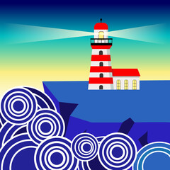 Vector illustration of lighthouse on the sea. Sunset on the sea.