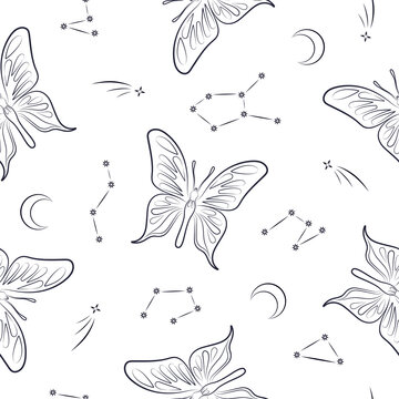 butterflies and constellations space magic seamless pattern on white background