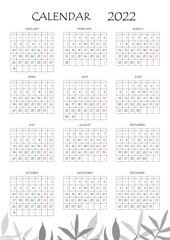 2022 calendar planner. Corporate week. Template layout, 12 months yearly, white background. Simple design for business brochure, flyer, print media, advertisement. Week starts from Monday