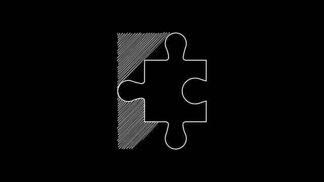 White line Piece of puzzle icon isolated on black background. Modern flat, business, marketing, finance, internet concept. 4K Video motion graphic animation