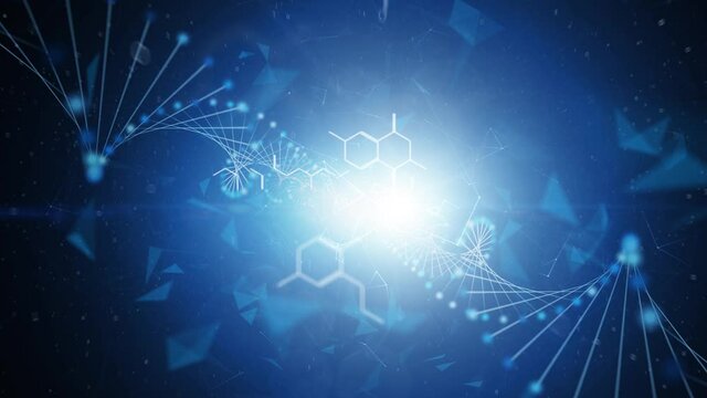 Modern Shining Abstract Hexagon Chemical Molecules And Artistic Dna Chain On Shining Bright Blue Science  Animation Background.