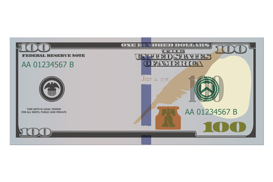 One hundred dollars in new design without a portrait of Franklin. 100 dollars banknote. Template or mock up for a souvenir. Vector illustration isolated on a white background