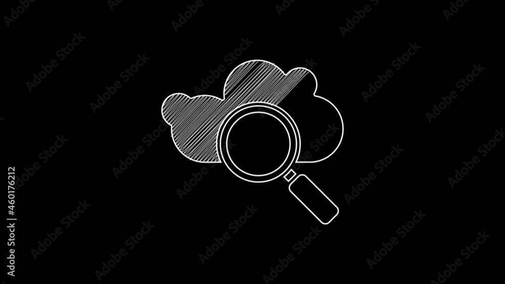 Poster white line search cloud computing icon isolated on black background. magnifying glass and cloud. 4k 