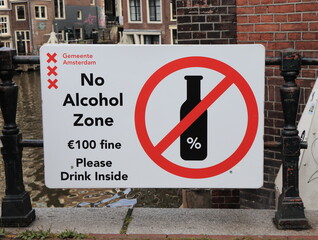 No Alcohol Zone Warning Street Sign in Amsterdam, Netherlands