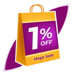 1 percent off. 3D Yellow shopping bag concept in white background.