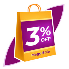 3 percent off. 3D Yellow shopping bag concept in white background.