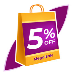 5 percent off. 3D Yellow shopping bag concept in white background.