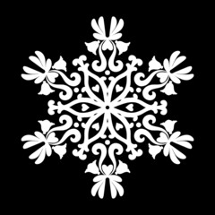 Floral patterned mandala. White round ornament like a snowflake on a black background. Black and white. Mehndi patterns. For fabric, wallpaper, venetian pattern,textile, packaging.