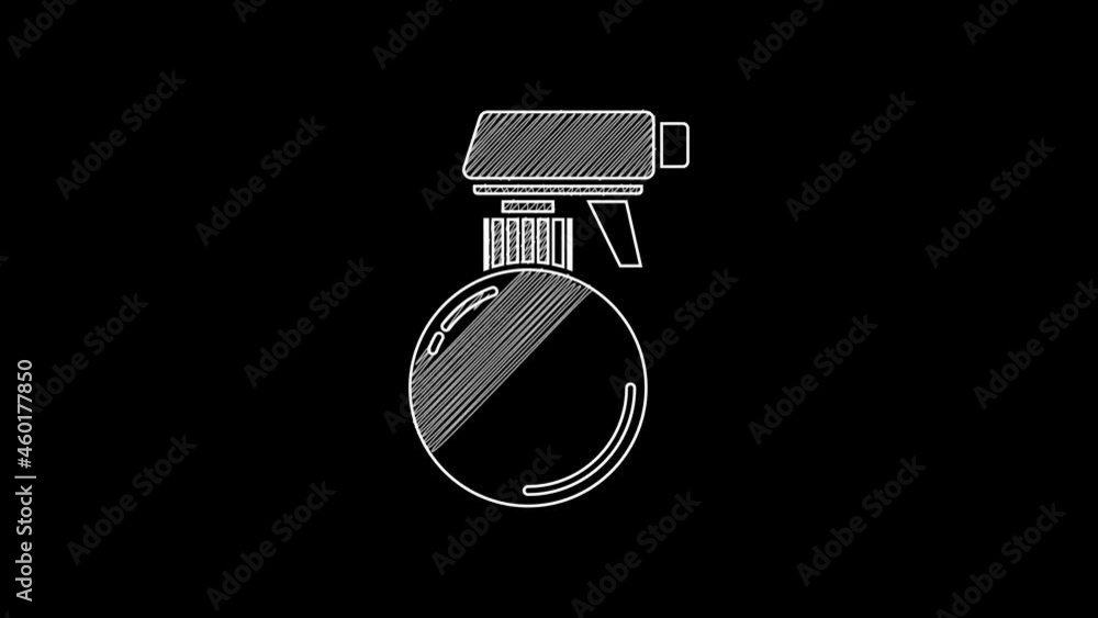 Sticker white line hairdresser pistol spray bottle with water icon isolated on black background. 4k video mo