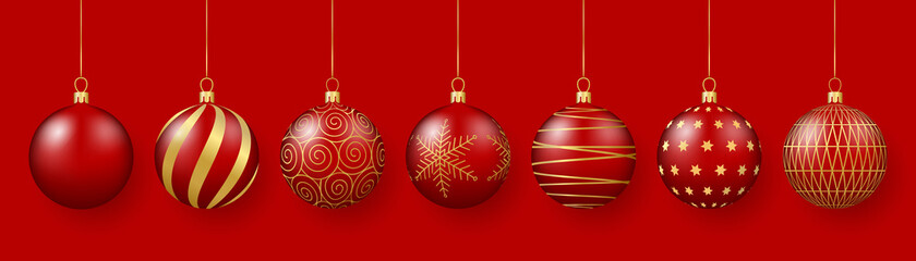 Christmas and New Year decoration. Set of red glass balls with gold ornaments. 3d realistic vector illustration.